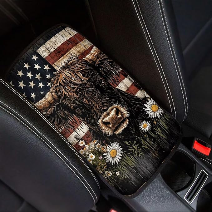 Highland Cow Arm Rest Cover Car Center Console Cover Easy to Install Car Decor Accessories Auto Armrest Console Cover for Most Vehicle, SUV, Truck, Cars