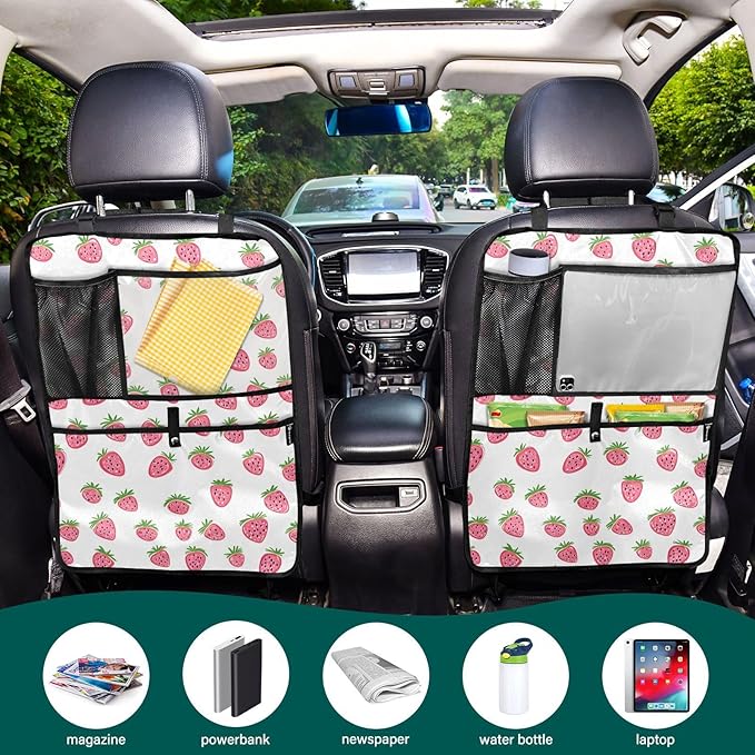 JIPONI Car Backseat Organizer, Small Strawberrys Automotive Back Seat Protector, Kick Mats with Storage Pockets for Kids Pets, Road Trip Accessories