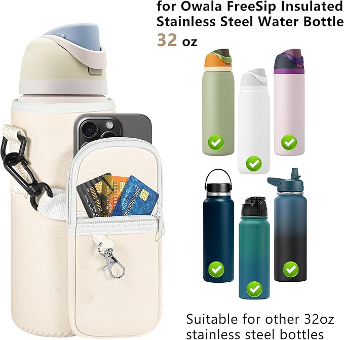 Water Bottle Carrier Bag with Strap for Owala FreeSip 24/32oz with Detachable Phone Pocket for Owala Accessories 24/32oz Water Bottle Sleeve for Walking Camping Gym