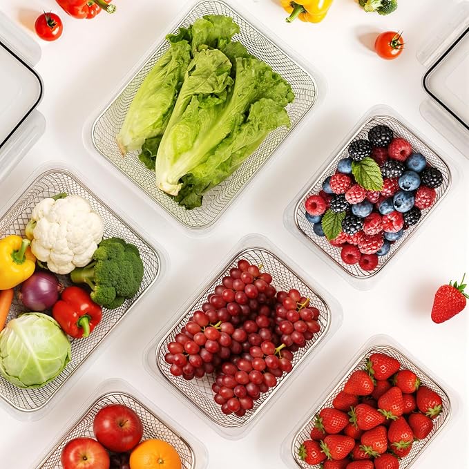 3 PCS Large Fruit storage Containers for Fridge - Leakproof Food Storage Containers with Stainless Steel Colander - Dishwasher safe Produce Containers Keep Fruits, Vegetables, Berry, Meat Fresh longer