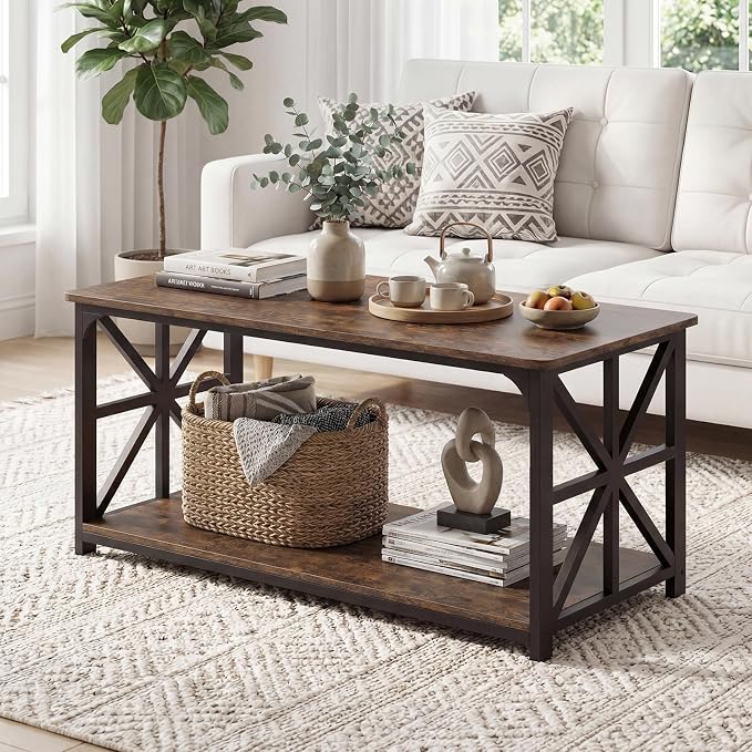 Giantex Farmhouse Coffee Table, 43" Center Table with Storage & X-Shaped Frames, 2-Tier Modern Accent Cocktail Tea Table, Rectangular Wooden Living Room Tables for Small Spaces, Rustic Brown