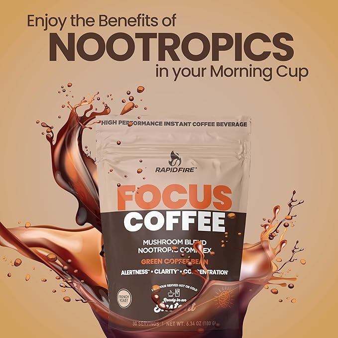 Focus Coffee Mushroom Blend, Nootropic Complex Coffee, Supports Alertness and Clarity, (Lion’s Mane, Cordyceps, Turkey Tail) Green Coffee Bean Instant Coffee for Focus & Gut Health, 30 Servings