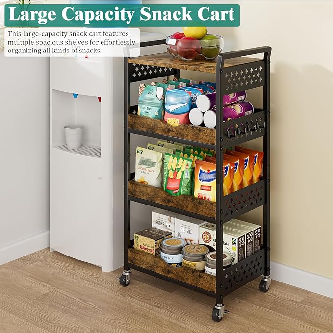 Giwil 4-Tier Rolling Storage Cart, Small Coffee Bar Crafts Makeup Cart with Wooden Top Snack Organizer for Pantry, Utility Kitchen Cart On Wheels for Onions Potatoes, Black