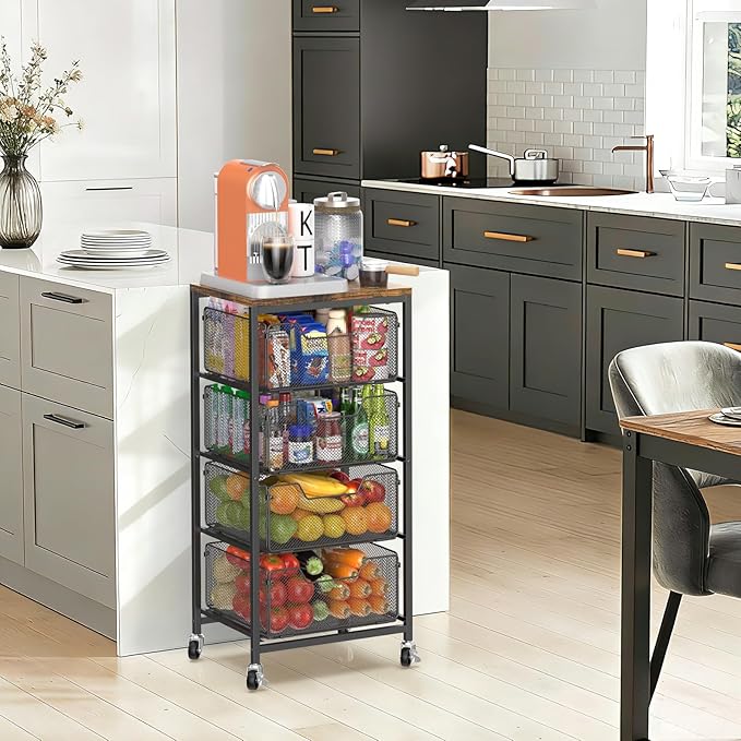 Rolling Cart with Drawers, 4-Tier Utility Cart Storage Organizer with Lockable Wheels, Metal Craft Storage Cart with Wooden Top for Kitchen, Bathroom, School, Studio, Office, Bedroom, Black
