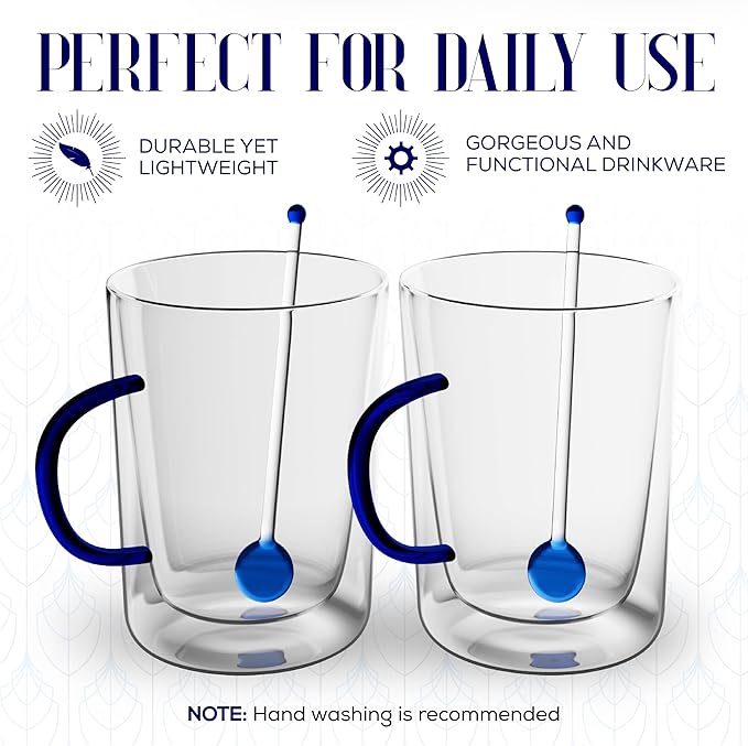 Elle Decor Double Wall Glass Coffee Mugs with Spoons | Set of 2 | Glass Cups with Colored Handles | Clear Coffee Mugs for Latte, Cappuccino, Espresso Coffee, Tea and Hot & Cold Beverages (Blue)