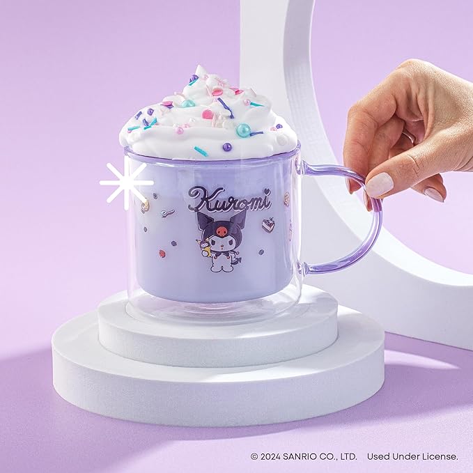JoyJolt Hello Kitty Double Wall Insulated Coffee Mug ft Kuromi, 13.5 oz Glass Cup, Cute Drinking Glassware ideal for Latte, Iced Coffee, or Tea, Kawaii Hello Kitty Merch, Sanrio Accessories