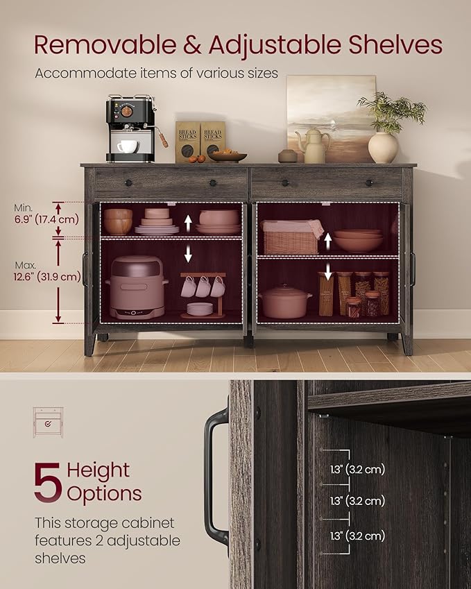 VASAGLE LIRY Collection - Buffet Cabinet, Coffee Bar Cabinet with 2 Drawers, Adjustable Shelves, Sideboard Storage with Cable Holes, Drawer Dividers, Taupe Brown UBBK381TA01S