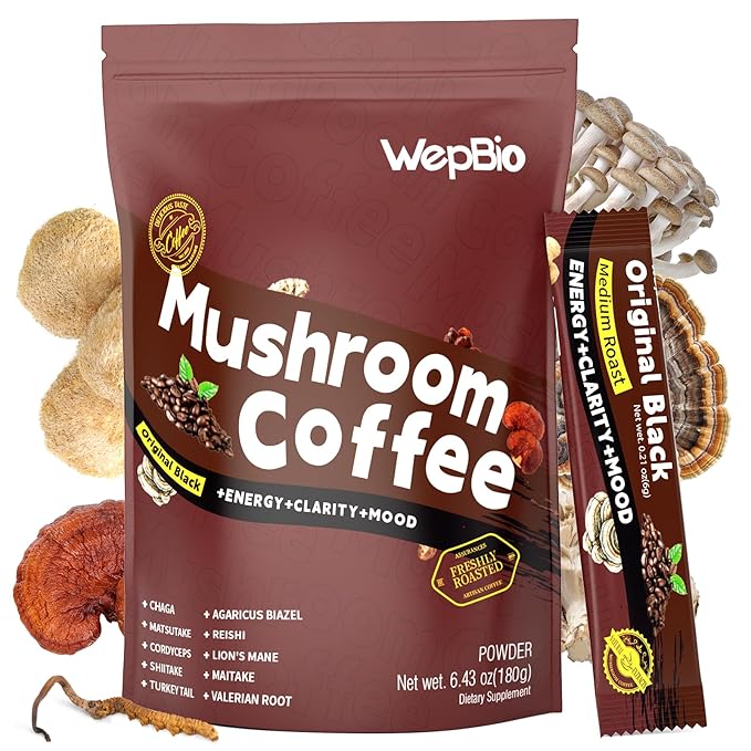 Mushroom Coffee Original Black 11 in 1 Adaptogenic Mushrooms Blend with Ashwagandha KSM-66,Lions Mane,Reishi,Turkey Tail Instant Mushroom Coffee for Boost Energy, Focus 30 Servings