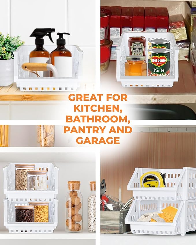 Small Stackable Storage Bins Open Front for Pantry Storage, 12 Pack - White | Sturdy Plastic, Easy Stacking, Open Front Access, Ventilated Sides, Vertical & Space Saving Pantry Organizers and Storage Bin