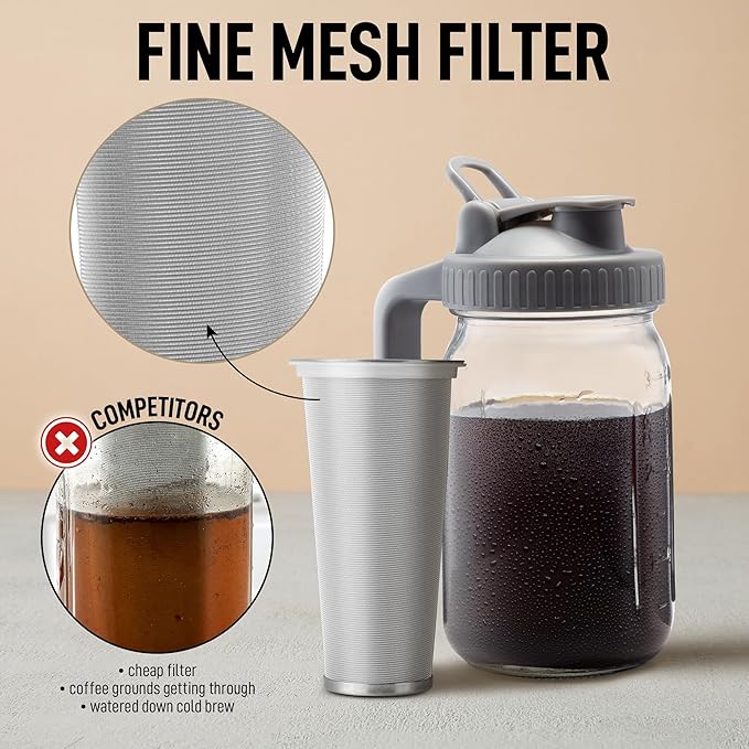 Zulay Premium Cold Brew Coffee Maker - 32oz Mason Jar With Leak-Proof Lid & Extra-Thick Glass - Fine-Mesh Stainless Steel Filter For Smooth Cold Brew & Iced Tea - Gray
