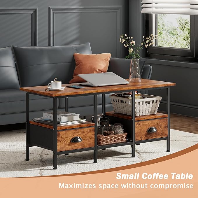 Furologee 35" Coffee Table with 2 Storage Drawers, Small Coffee Tables for Living Room, Industrial Center Table with 2 Tier Storage Shelf, Rustic Brown