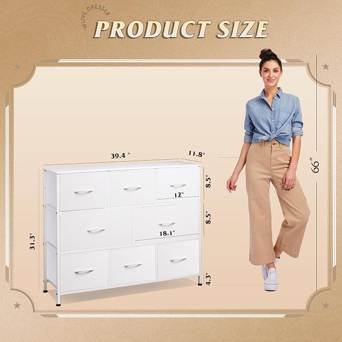 WLIVE 8 Drawer Dresser for Bedroom, Fabric White Dresser with Large Storage Drawer Unit for Entryway, Chest of Drawers for Living Room
