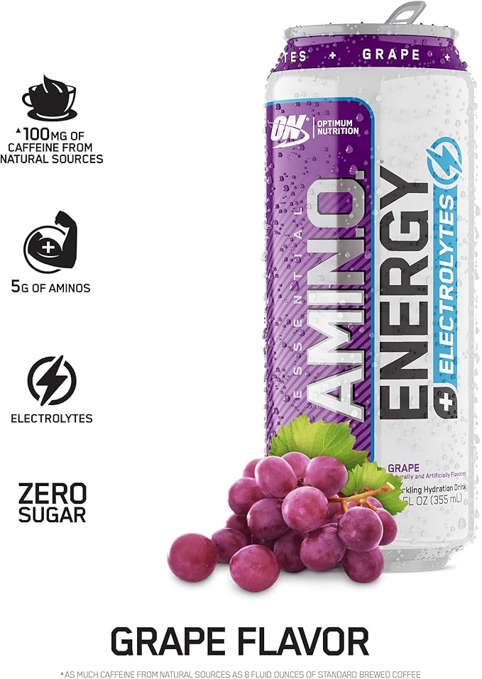 Optimum Nutrition Amino Energy Powder, Concord Grape, 20.6 Ounce, 65 Servings with Essential Amino Energy Plus Electrolyes Sparkling Drink, Grape, 12 Count - Bundle Pack