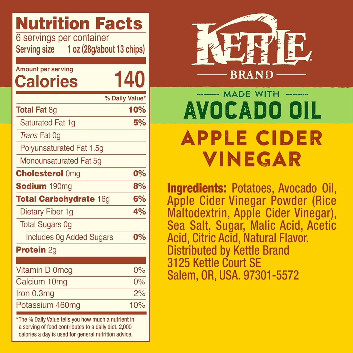 Kettle Brand Made with Avocado Oil Apple Cider Vinegar Chips, 6 Oz Bag