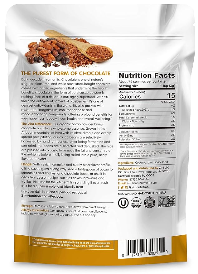 Zint Organic Cacao Powder (8 oz): Paleo-Certified, Organic, Non GMO, Anti Aging Antioxidant Superfood, Gluten Free Cocoa Cacao Beans, Pure Delicious Chocolate Essence