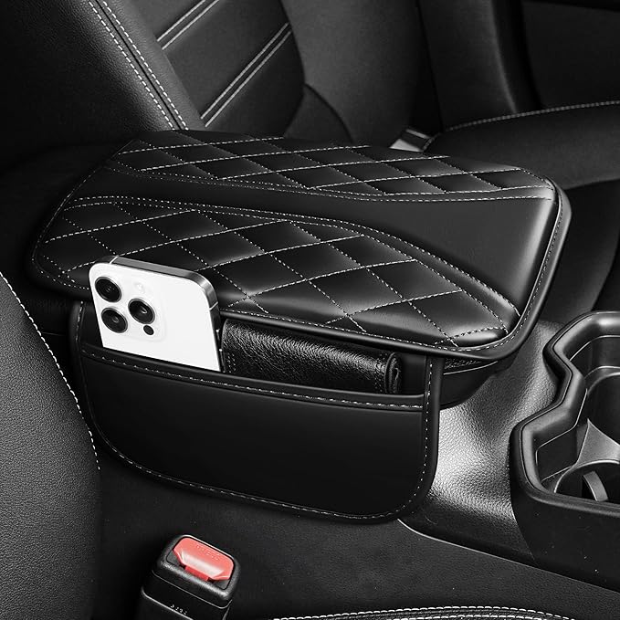 Car Center Console Cover Fit for Volkswagen Atlas Waterproof Console Cover with 2 Storage Bags Leather Armrest Cover Scratch & Wear Resistant(Black)