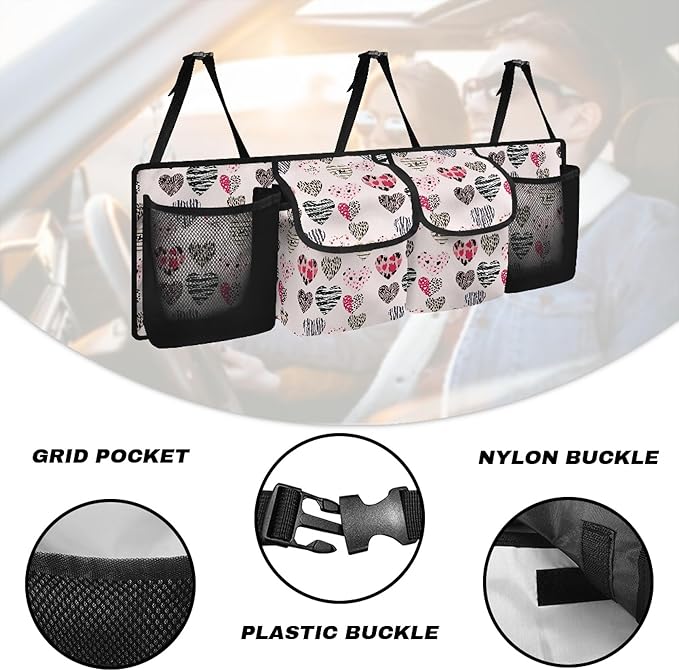 CLOHOMIN Heart Car Trunk Organizers and Storage Valentine's Day Backseat Car Organizer with Net Pink Car Storage Bag with 4 Pockets Car Accessories Gifts for Women