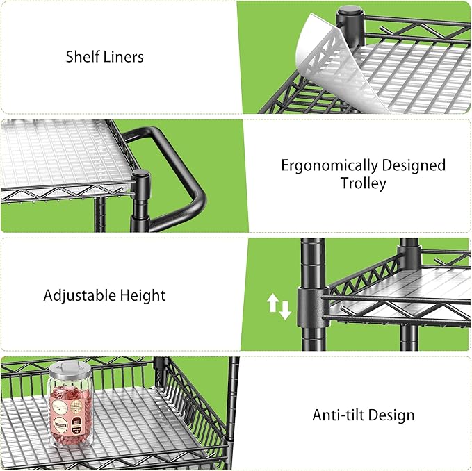 3 Tier Rolling Utility Carts with Wheels Heavy Duty Storage Cart 750Lbs Capacity Adjustable Kitchen Metal Organizer Cart with Handle & Shelf Liner Commercial Service Trolley for Indoor & Outdoor Use