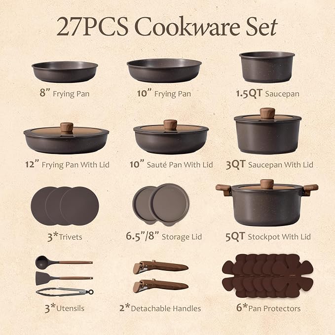 CAROTE 27-Piece Pots and Pans Set Non Stick with Detachable Handle, Nonstick Cookware Sets, Kitchen Cooking Set - Camping Cookware, Dishwasher & Oven Safe, Induction Compatible