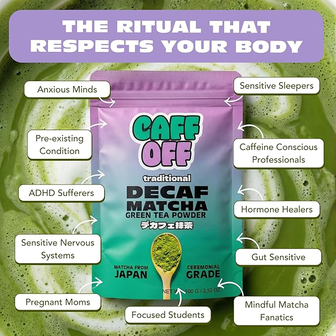 Caff Off Decaf Matcha Green Tea Powder From Japan – 3.52 oz / 100 g – Ceremonial Grade – Naturally Decaffeinated Without Chemicals – Tested for Heavy Metals – First Harvest, Shade-Grown & Caffeine-Free Matcha Powder