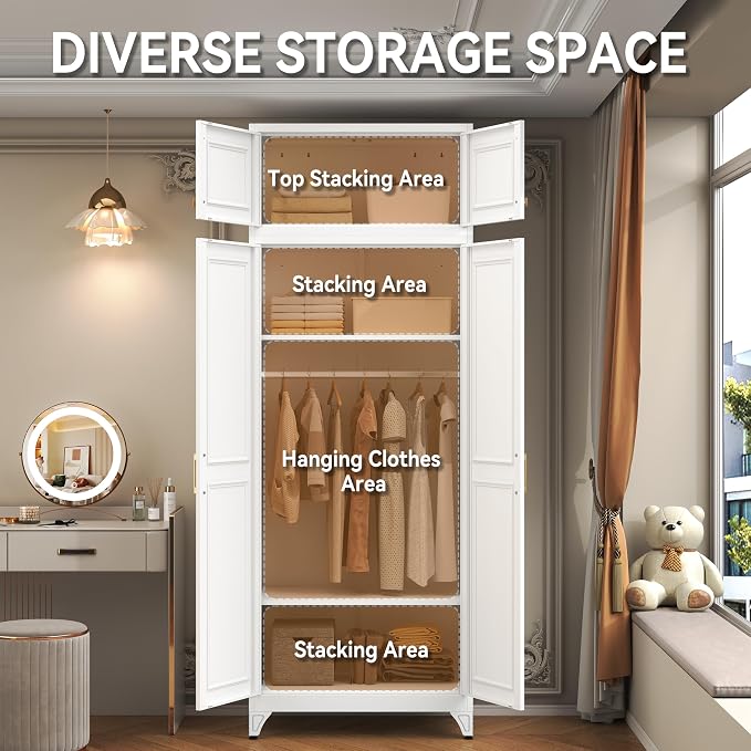 Polup Metal Armoire Closet, 86 Inch Tall Wardrobe Armoire with Hanging Rod, Almirah for Clothes with Doors, 18" D x 32" W x 86" H, White, Assemble Required, Shipped in Two Packages