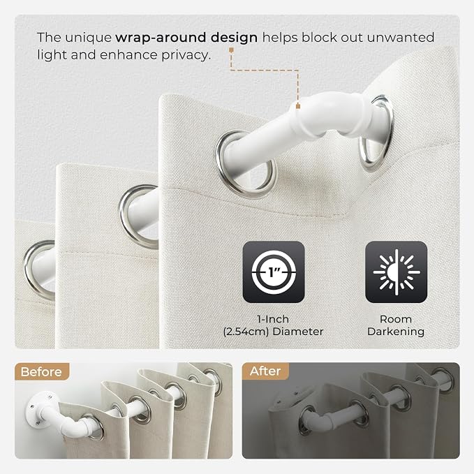 Zeerobee Curtain Rods for Windows 72 to 144, 1 Inch Industrial Wrap Around White Curtain Rod, Indoor/Outdoor Room Divider Adjustable Drapery Pole, 72"-144"