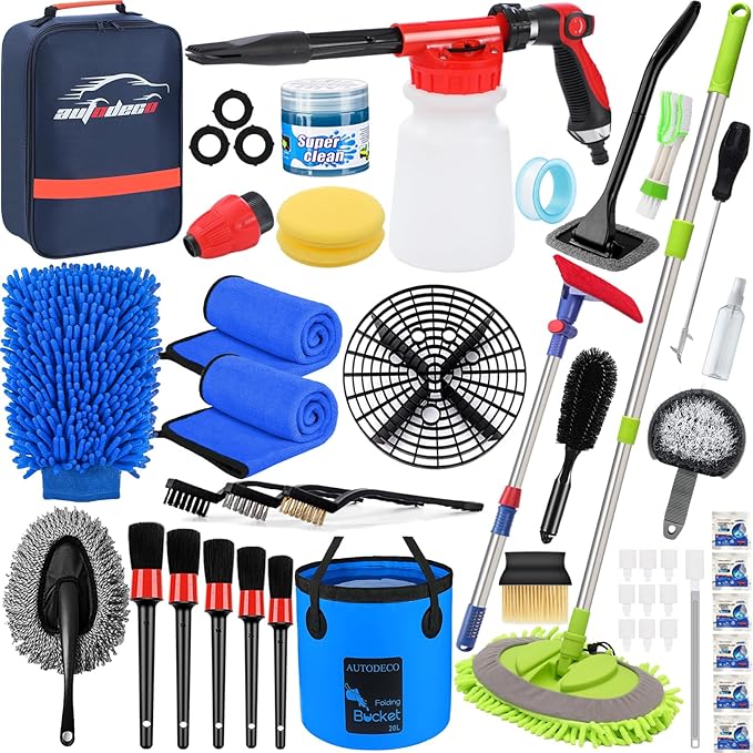 AUTODECO 44Pcs Car Wash Detailing Kit Cleaning Kits with Foam Gun Sprayer Wash Mop with Long Handle Collapsible Bucket Large Wash Mitt Towels Complete Interior Exterior Car Washing Supply Set Blue