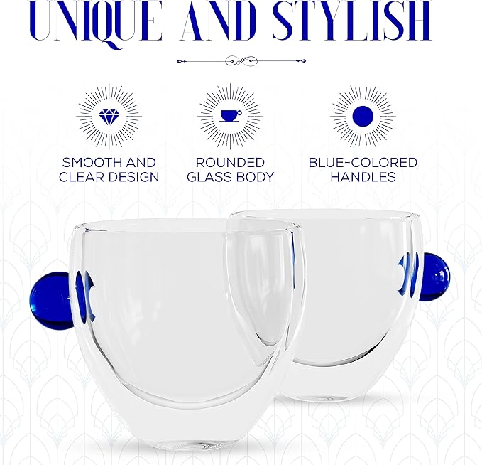 Elle Decor Double Wall Glass Coffee Mugs | Set of 2 | 9-Oz Wide Mouth Glass Coffee Mugs for Home, Office, Bar, or Gift | Modern, Insulated, Reusable Latte Mugs (Blue)