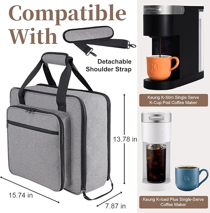 Portable Carrying Coffee Maker Travel Bag Match for Keurig K-Slim/K-Iced Plus, Single Serve Coffee Machine Travel Bag with Padded Shoulder Straps Includes Multiple Storage Bags, Grey