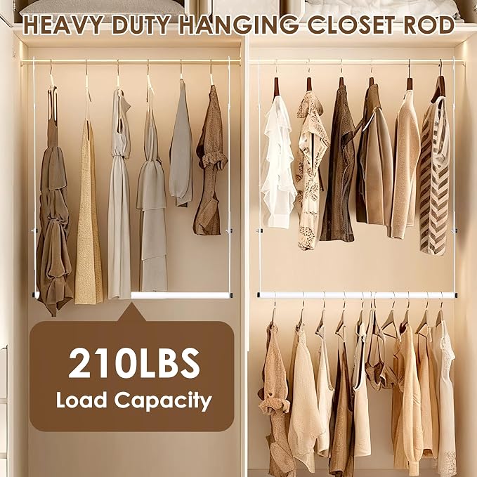 Closet Rod Extenders - White Adjustable Closet Hanging Bar, Width & Height Expandable Clothes Rod, Space-Saving Closet Organizer for Hanging Clothes, Easy Installation, 2 Packs