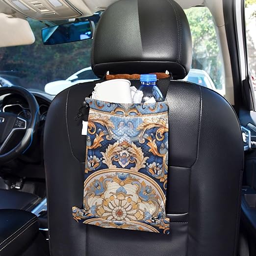 ALAZA Hanging Car Trash Bags Garbage Bag Trash Can for Back Seat Small Russian Pattern 1 Washable Storage Bag Retractable 2 Pack