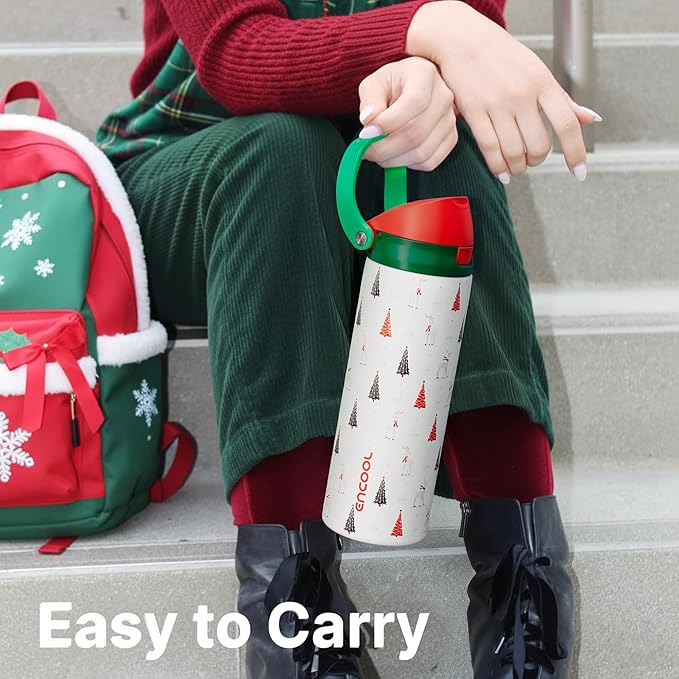 ENCOOL Christmas SwiftSip Insulated Water Bottle with Straw, Stainless Steel Water Bottle, Leak Proof BPA-Free, Keeps Cold for 24 Hours for Sports, Christmas Holiday Gifts for Women, 24oz, Nordic Noel