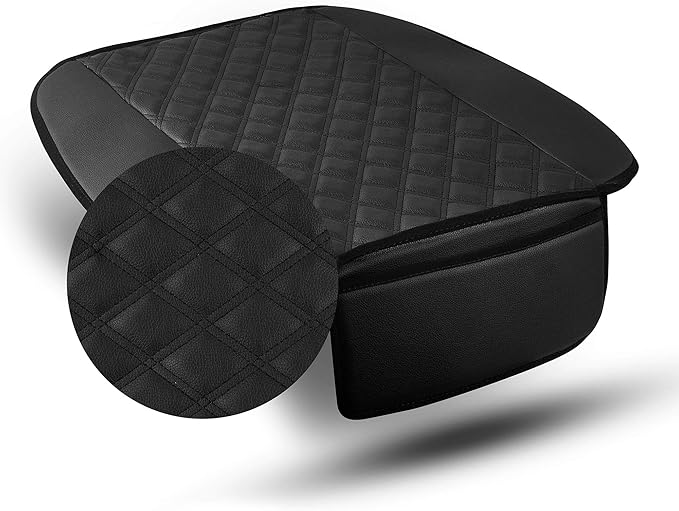 FH Group Faux Leather Seat Cushion Pad with Front Pocket Front Set – Universal Fit for Cars Trucks & SUVs (Black)