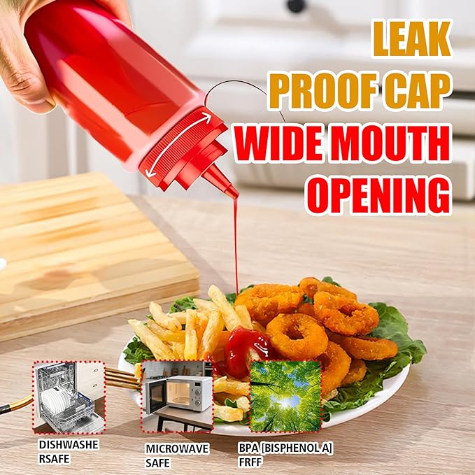 Squeeze Bottles for Sauces,Leak-Proof Condiment Dispenser, BPA-Free Kitchen Restaurant Squeeze Bottle Set with Wide Mouth for Ketchup, Mustard,Syrup,Dressings (Red, 4Pack-32oz(900ml))