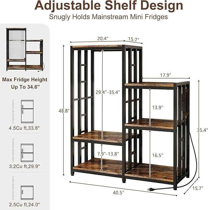 Mini Fridge Stand Coffee Bar Cabinet Station With Small Refrigerator Insert Storage Space, Shelf Organizer For Dorm Microwave To Sit On, Baker Rack With Power Outlet, Big Table To Go Over Hide Fridge