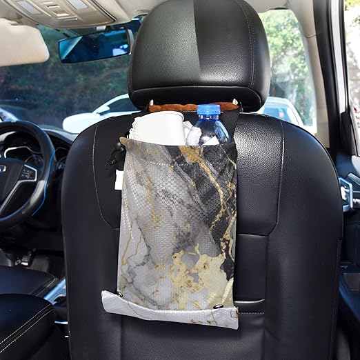 ALAZA Hanging Car Trash Bags Garbage Bag Trash Can for Back Seat Small Marble White Gold Washable Storage Bag Retractable 2 Pack