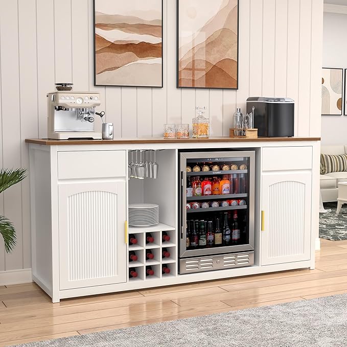 GDLF Extra Long Bar Cabinet with Fridge Space, Modern Wine Liquor Cabinet with Storage and Power Outlet, Buffet Sideboard with Fluted Doors for Home, 78.7 Inch, White