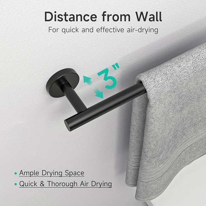 USHOWER 2-Pack Matte Black Towel Bar, 24-Inch Towel Racks for Bathroom Wall-Mounted, SUS304 Stainless Steel Towel Rod (Total Length 26-Inch)
