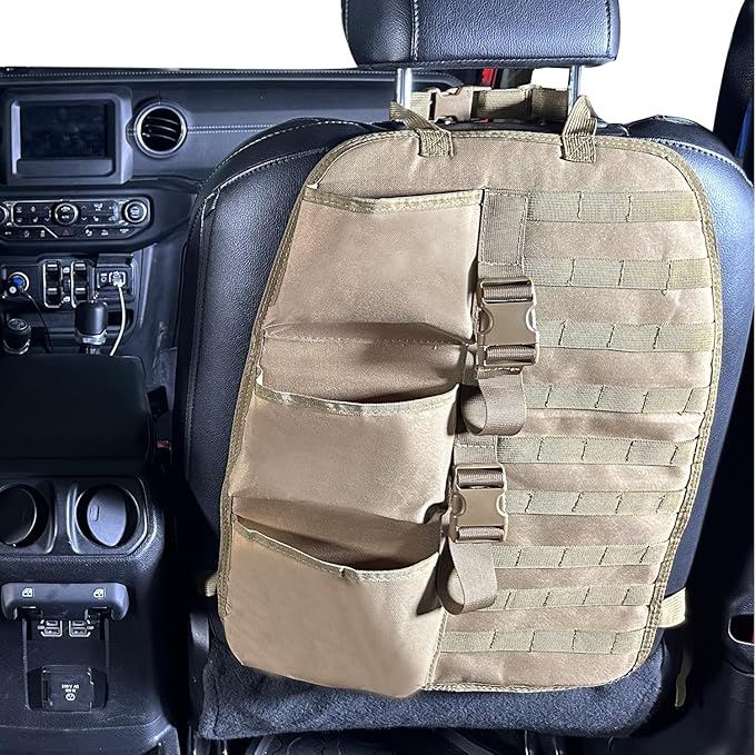 SUNPIE 2 Pcs Seat Back Truck Gun Rack，Automotive Gun Racks with Molle Panel Universal Seatback Storage Pockets Tactical Car Seat Back Organizer for Hunting Accessories Storage,Khaki