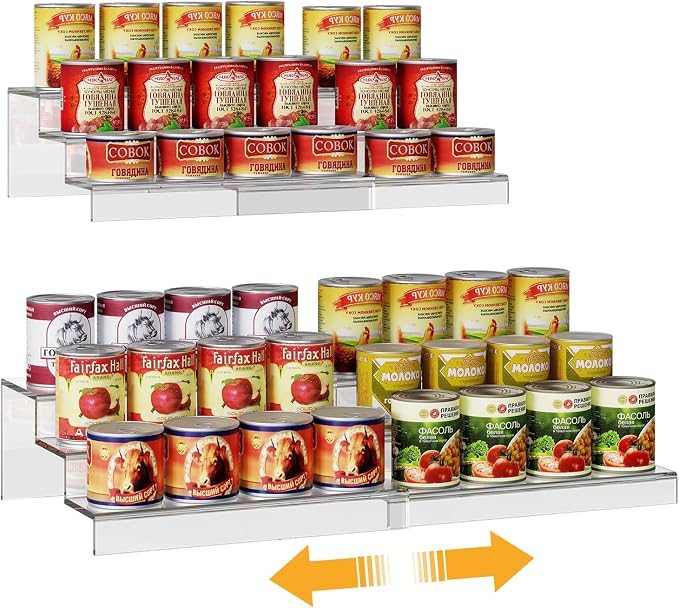 Adjustable Acrylic Can Rack Organizer for Pantry, 3 Tier Expandable Canned Storage Holder, Soda Can Dispenser Shelf Holds Up to 24 Cans, Clear Canned Display for Cabinet & Countertop (Patent Pending)