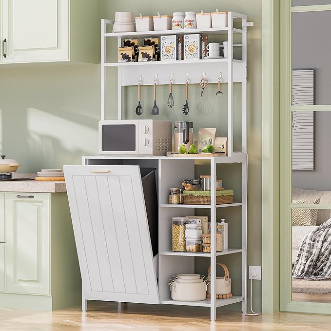 Kitchen Bakers Rack with Storage Shelf - 6-Tier Microwave Stand Oven Cabinet W/Tilting Trash Can Bin and Power Outlet, Farmhouse Thickened Coffee Bar Table Station W/6 Hooks&Adjustable feet