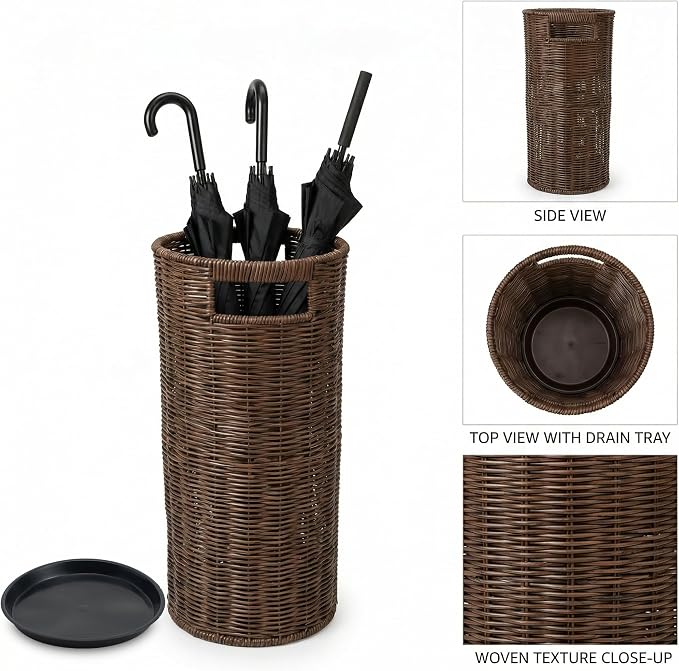Rattan Umbrella Holder for Entryway with Drip Tray, 21''H Round Umbrella Stand for Indoor & Outdoor, Tall Wicker Basket for Storage, Woven Organizer for Home, Office, Hotel, Shop, Brown