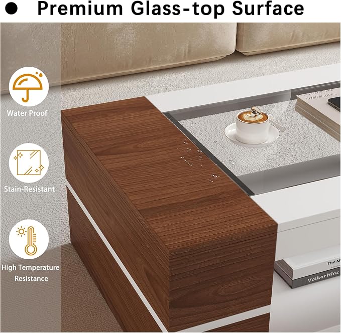 HedoAjim 47.2" Modern Stylish Coffee Table with Glass Table Top, Large Living Room Table Rectangular 2-Tier Center Tables with Storage, Wood Cocktail Tea Tables for Dining Reception Room White Walnut