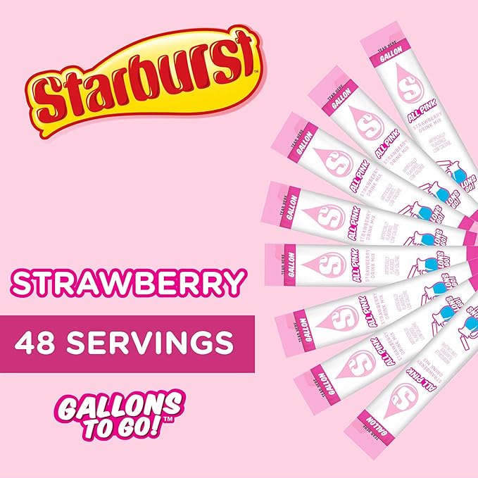 Starburst Gallons To Go Powdered Drink Mix, 8-Count Box (6 Pack), All Pink Strawberry - Low Calorie and Zero Sugar Drink Mix, Each Stick Makes 1 Gallon-Sized Pitcher