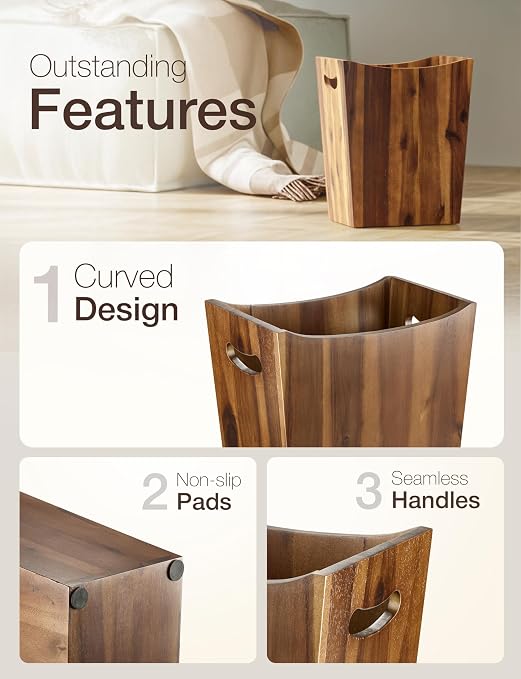 Tidita 2 Gallon Rectangular Wastebasket with Built-in Handles, Walnut Color | Acacia Wood, Rectangular Shape, Integrated Handles, Garbage Bin for Spa, Bathroom, Kitchen Counter, Living Room, Walnut Color
