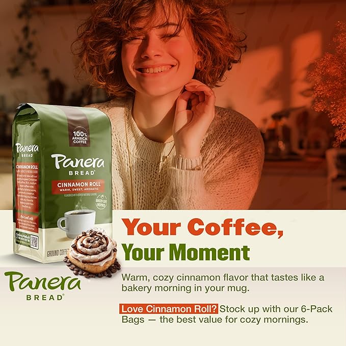 Panera Coffee Cinnamon Roll Ground Coffee, 100% Arabica Medium Roast, Bakery-Inspired Flavor, No Artificial Ingredients, 12oz Bag for Home Brewing