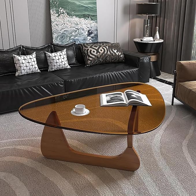 Mid Century Modern Glass Coffee Table, Coffee Table for Living Room, Noguchi Coffee Tables,Suitable for Bedroom Living Room Reception Office Tables (Walnut/Brown, ML)