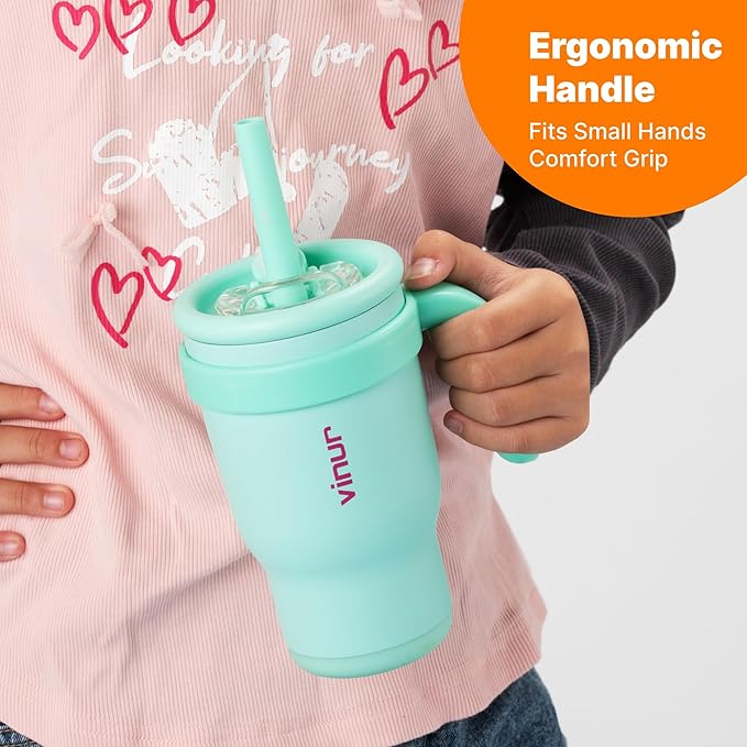 VINUR Kids Insulated Tumbler with Handle 17 oz Stainless Steel Double Wall Vacuum Water Tumbler Cup with Lid and Straw, Gifts for Girls (Teal)