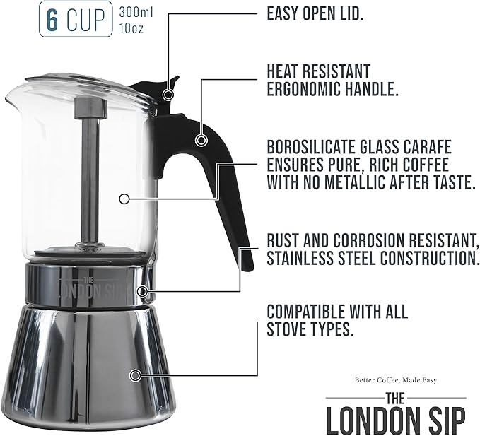 The London Sip Glass and Stainless Steel Stovetop Espresso Maker Moka Pot Italian Coffee Percolator, Glass, Medium (10.14 oz)