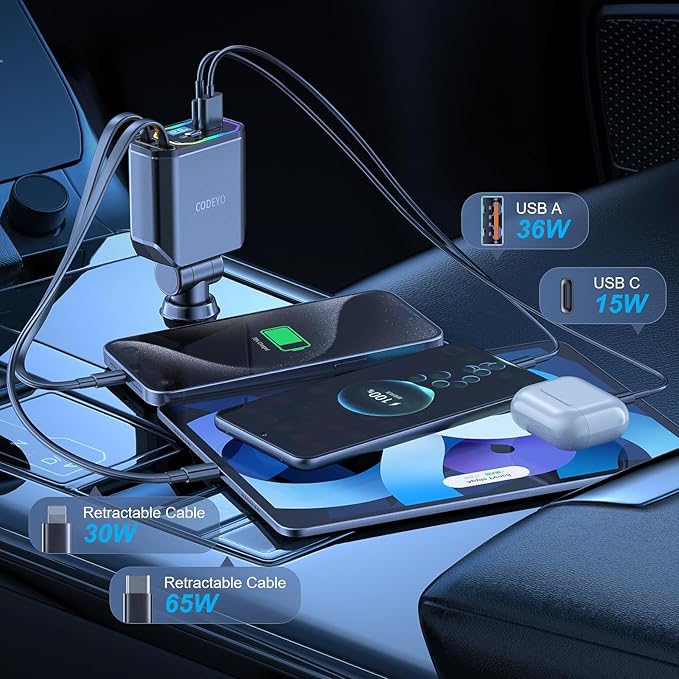Retractable Car Charger, 146W 4 in 1 (PD 65W) for iPhone 16 Car Charger Fast Charging, 30W for iPhone Car Charger Fast Charging, RGB Light, Car Charger Adapter for iPhone 16 15 14 13 12,Samsung